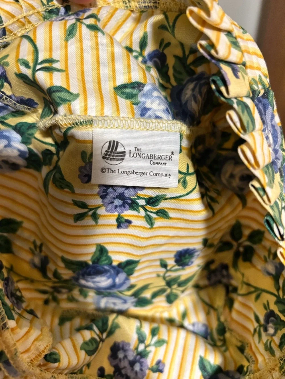 Longaberger Fabric Basket Liner “Rose Trellis” Yellow Stripe Blue Floral Pattern